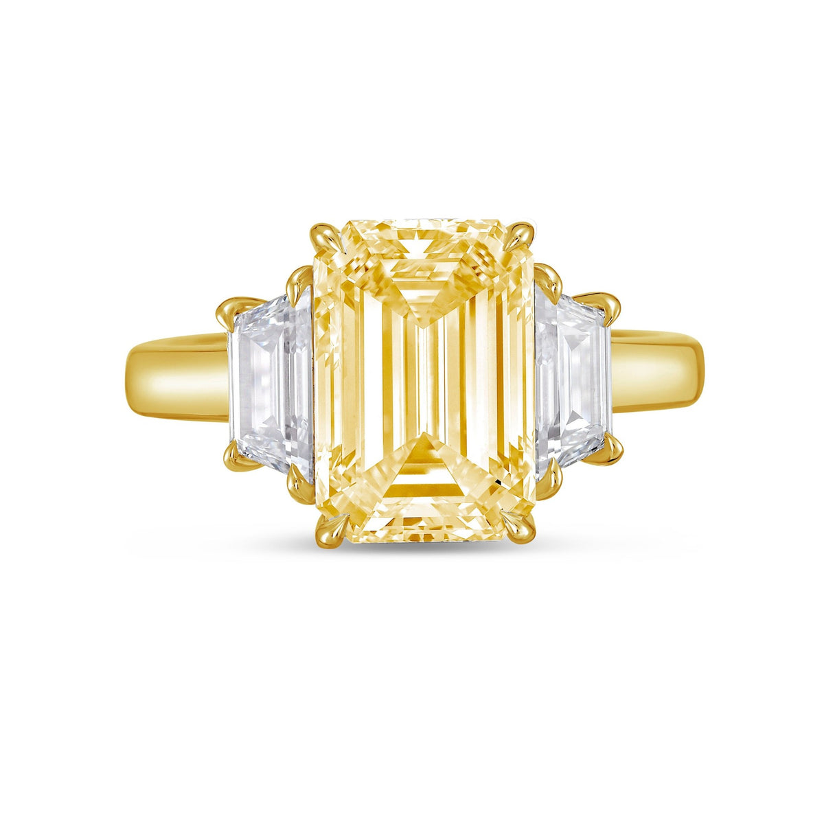 Lab-Grown Yellow Emerald Cut Three-Stone Ring with Trapezoids in 14K Yellow Gold