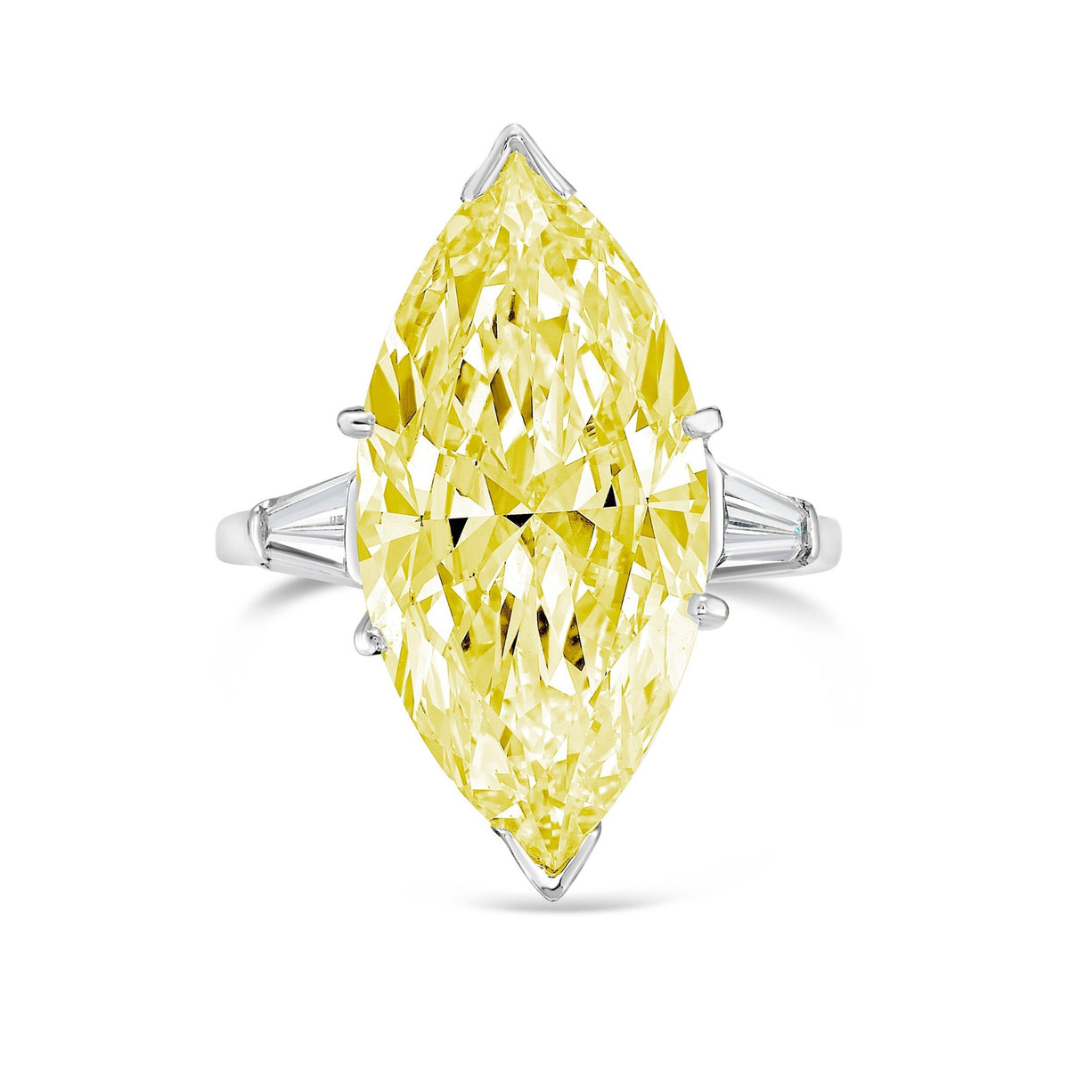 Lab-Grown Yellow Marquise Diamond Ring with Baguettes in 14K White Gold