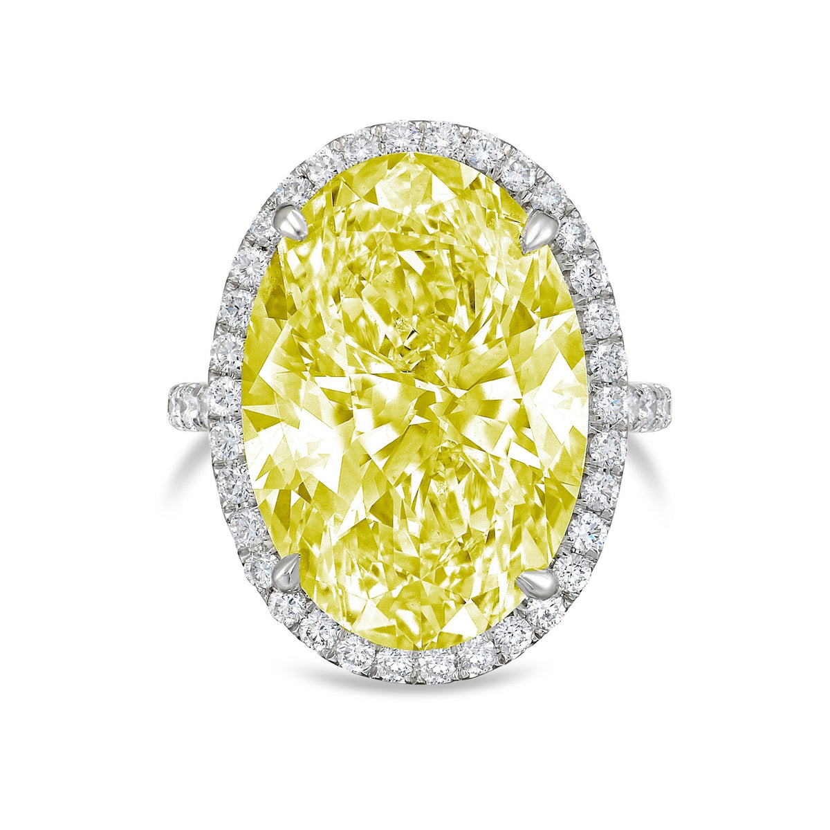 Lab-Grown Yellow Oval Diamond Halo Ring with Micropavé Band in 14K White Gold