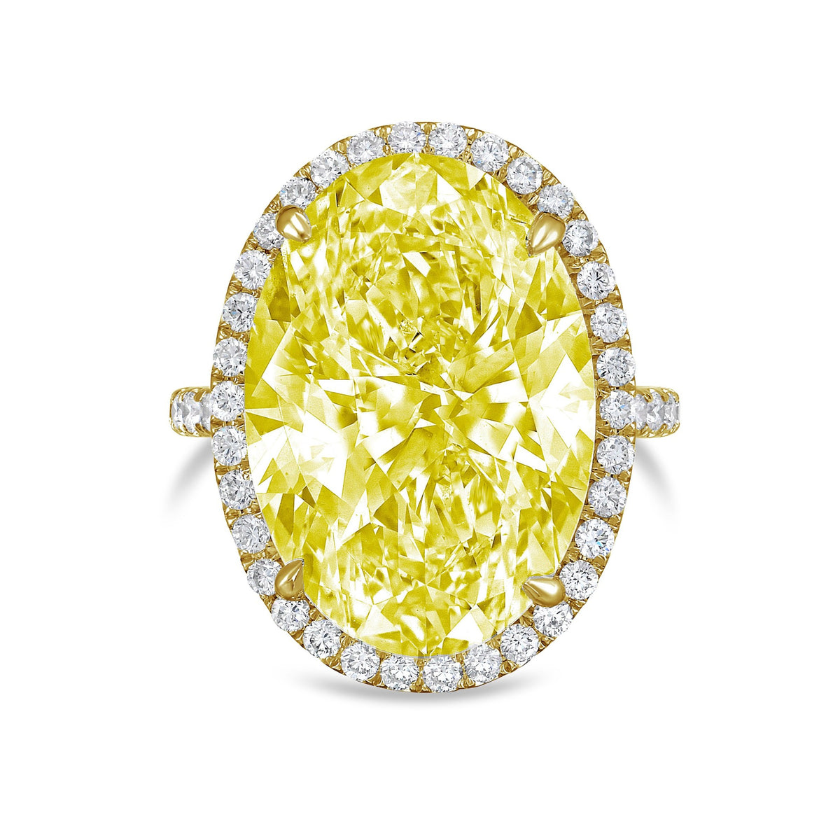 Lab-Grown Yellow Oval Diamond Halo Ring with Micropavé Band in 14K Yellow Gold