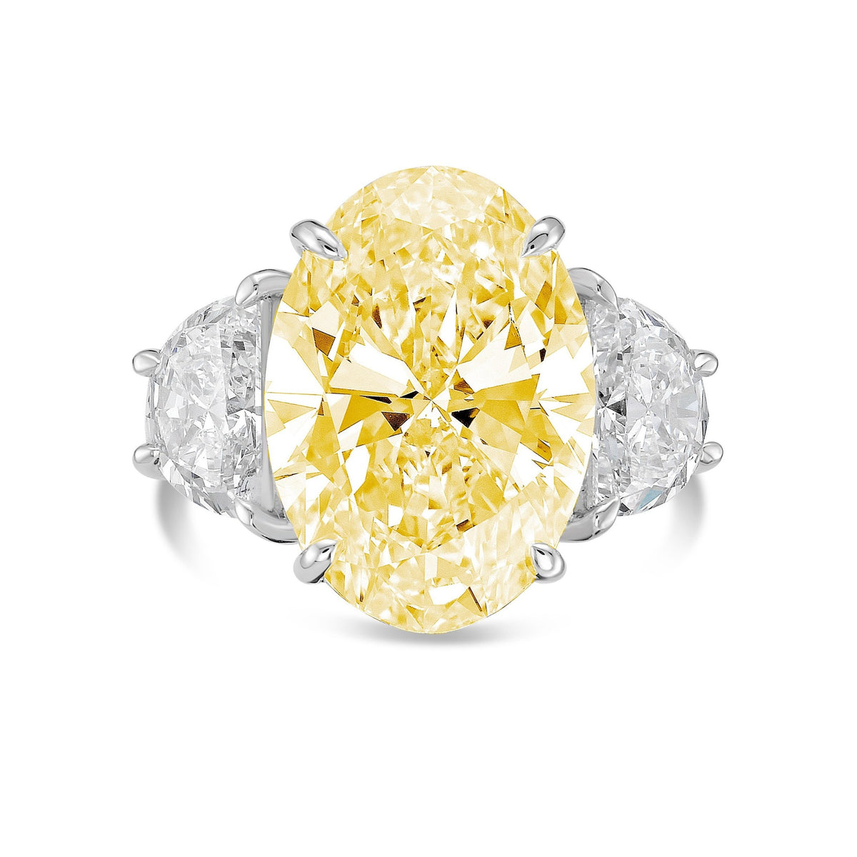 Lab-Grown Yellow Oval Diamond Ring with Half Moon Sides in 14K White Gold