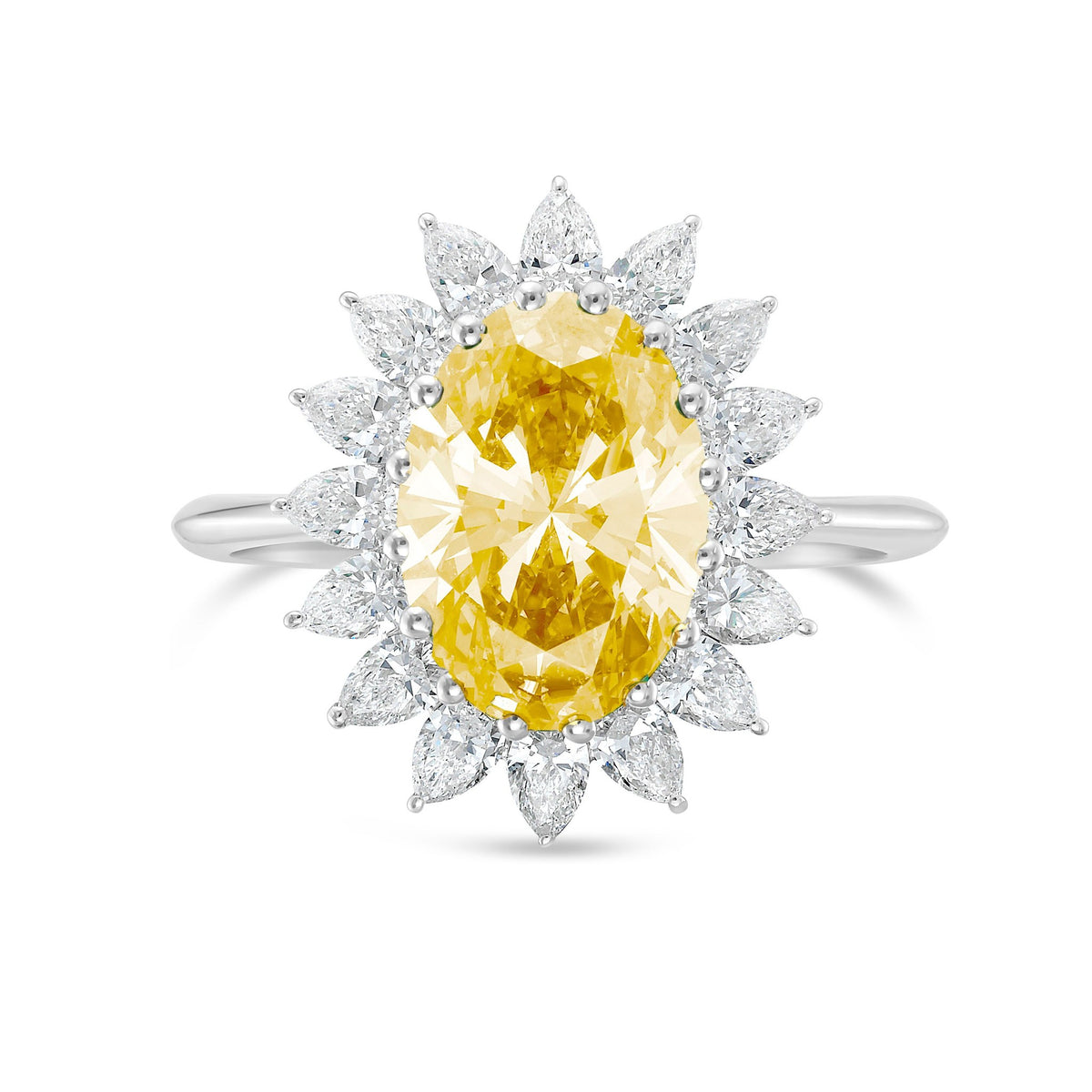 Lab-Grown Yellow Oval Diamond Ring with Pear Diamond Halo in 14K White Gold