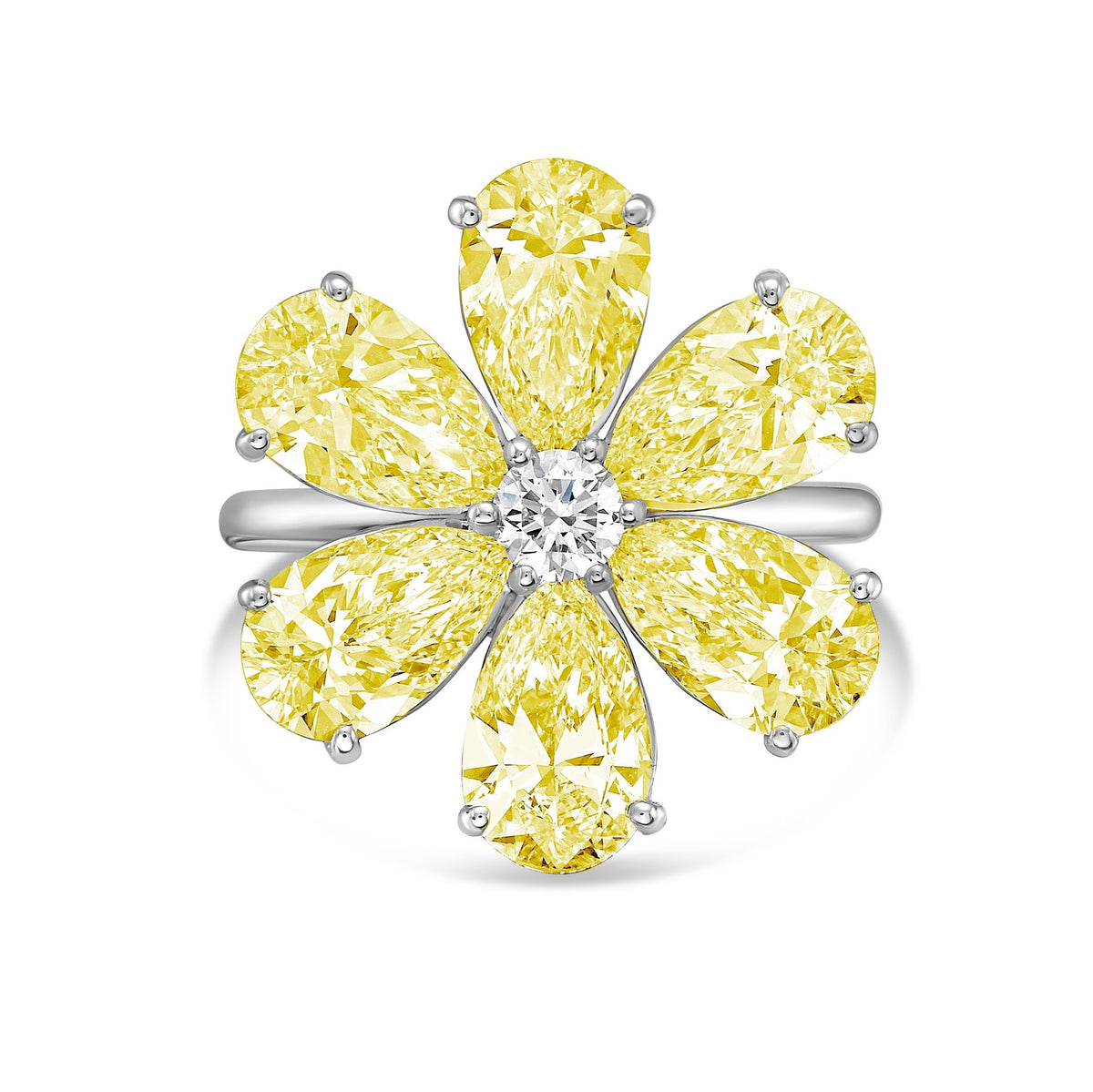 Lab-Grown Yellow Pear Diamond Flower Ring in 14K White Gold