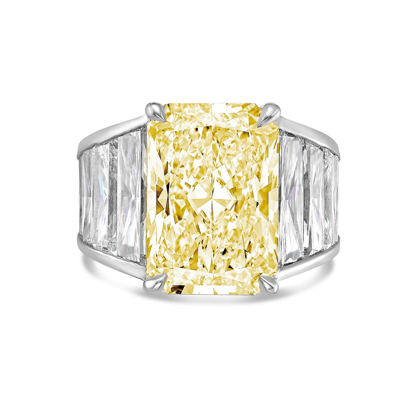 Lab-Grown Yellow Radiant Cut Diamond Ring with Tapered Baguettes in 14K White Gold
