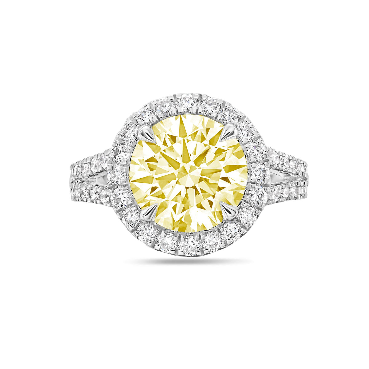 Lab-Grown Yellow Round Diamond Halo Split Shank Engagement Ring in 14K White Gold