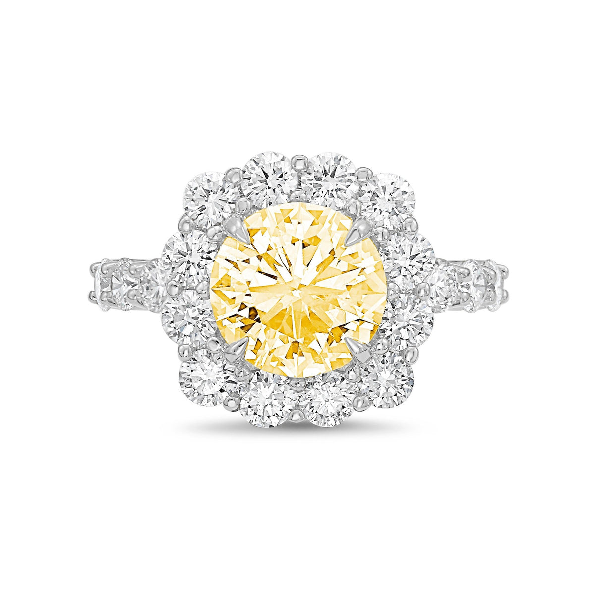 Lab-Grown Yellow Round Diamond Ring with Accent Halo and Diamond Band in 14K White Gold