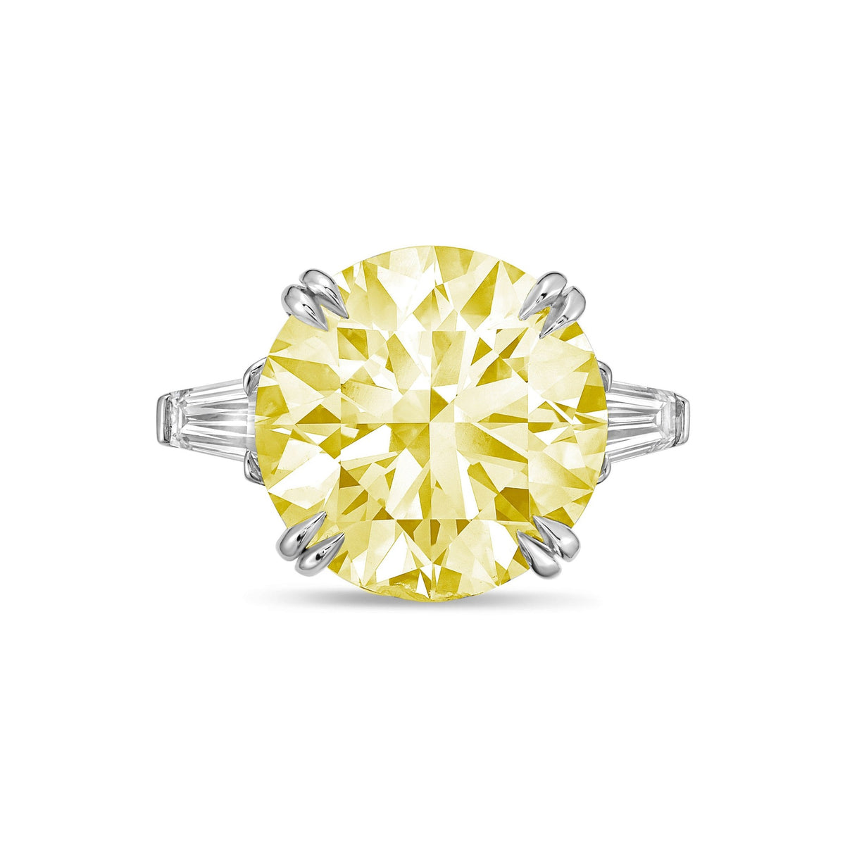 Lab-Grown Yellow Round Diamond Ring with Baguettes, Double Claw in 14K White Gold