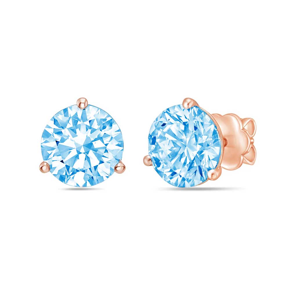 Lab-Grown Blue Round Diamond Martini Stud Earrings, 3-Prong, 14K Gold