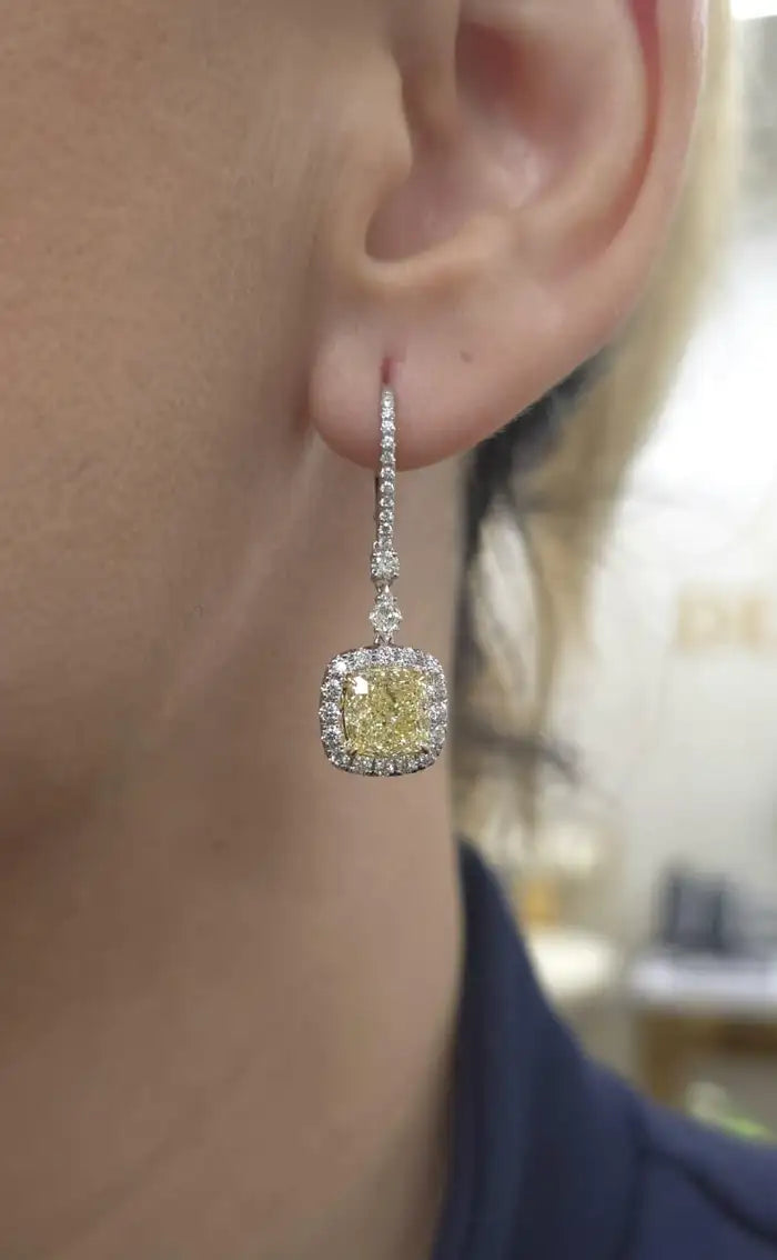 7.87ct Fancy Yellow Cushion Drop Earrings