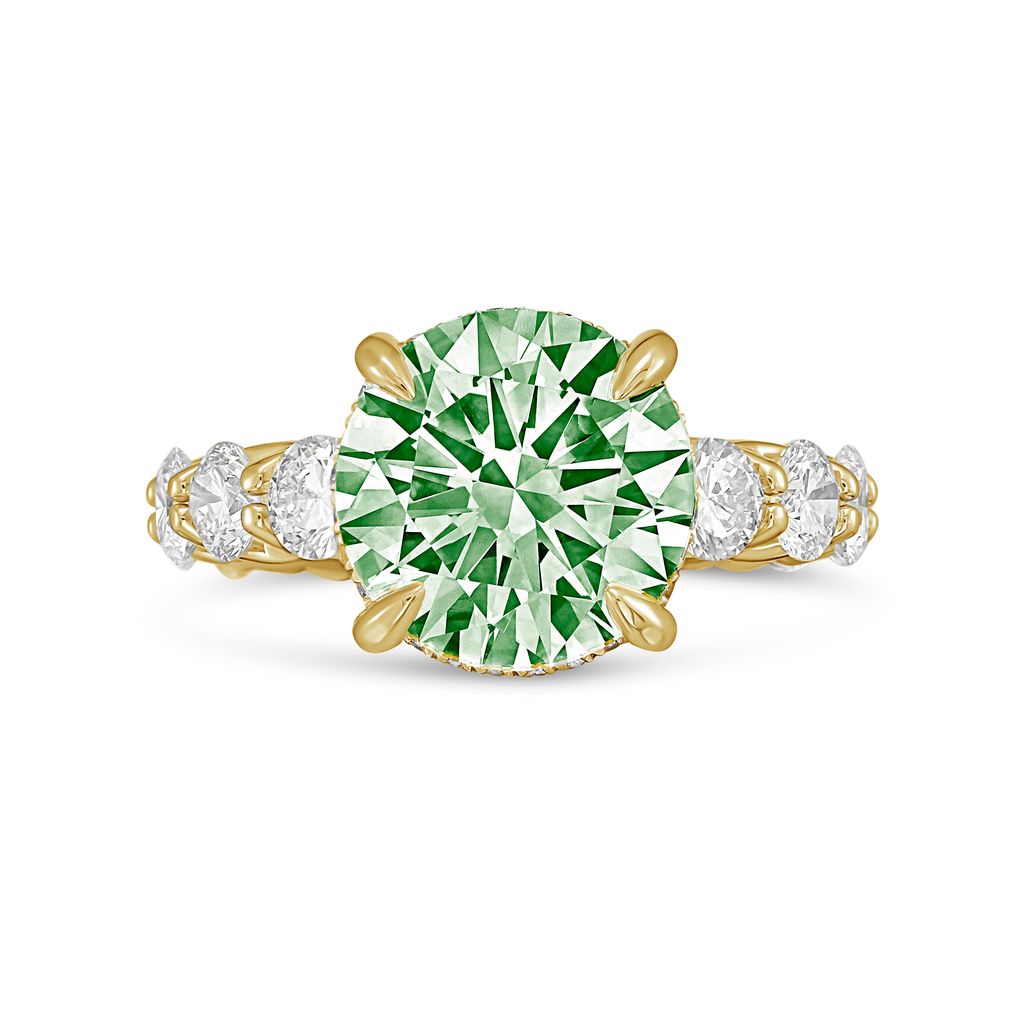 Lab-Grown Green Round Diamond Hidden Halo Ring with Pavé Band, 14K Gold
