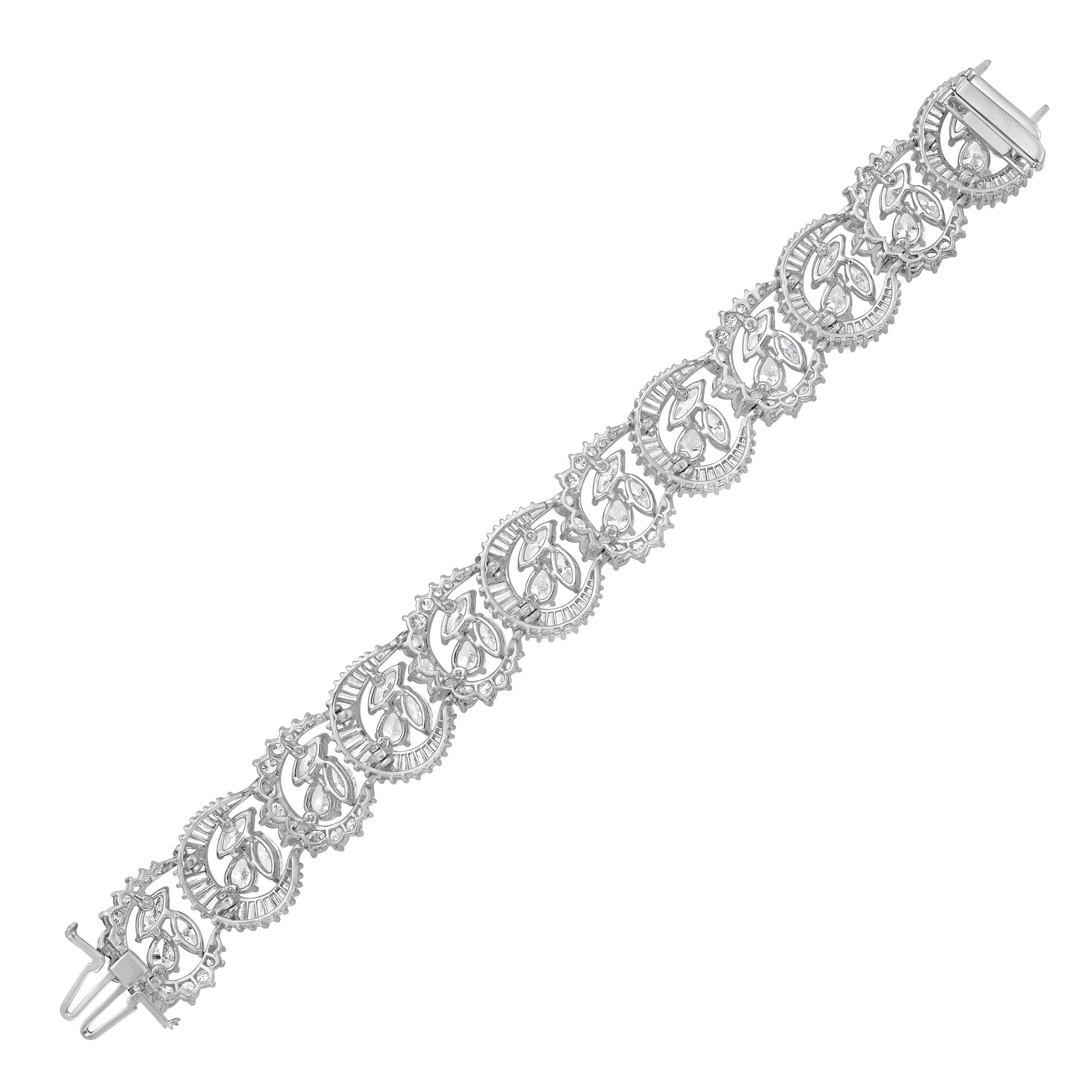Back side of multi-shape diamond bracelet in platinum with 37 carats of half-moon, round, baguette, pear, and marquise diamonds