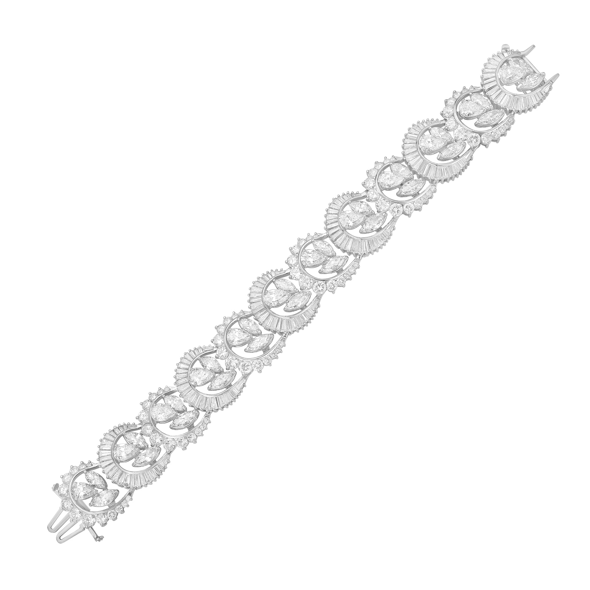 Close-up of multi-shape diamond bracelet showing alternating diamond shapes and platinum setting