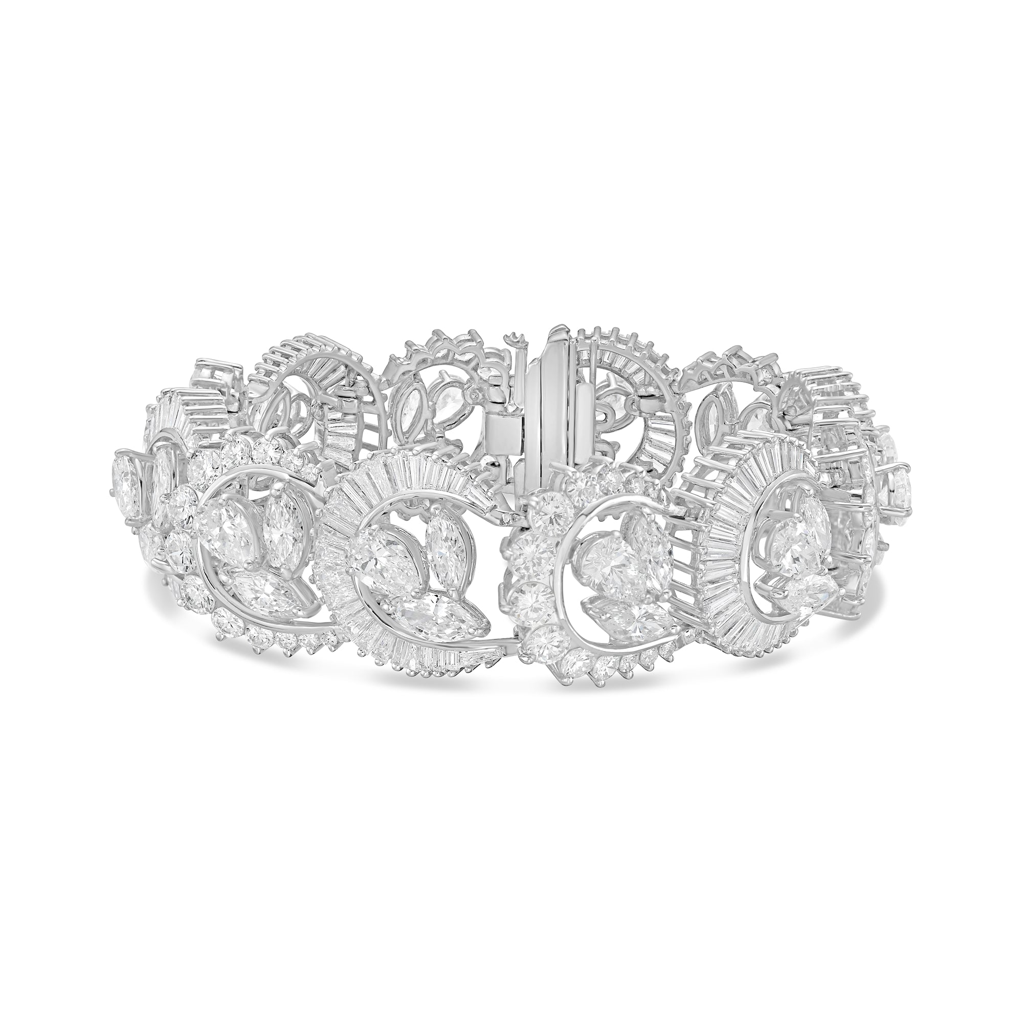 Multi-shape diamond bracelet in platinum with 37 carats of half-moon, round, baguette, pear, and marquise diamonds