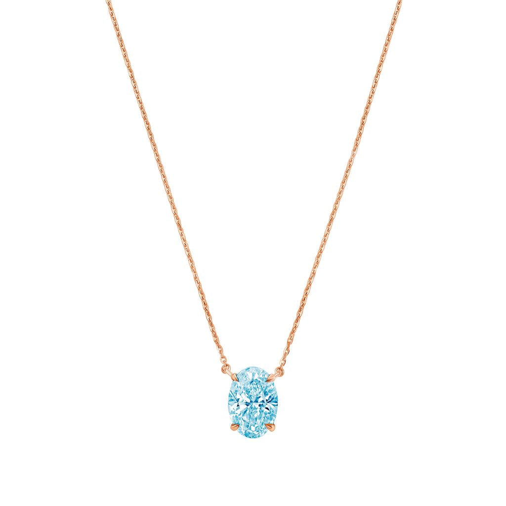 Lab-Grown Blue Oval Diamond Solitaire Pendant Necklace, 4-Prong, 14K Gold