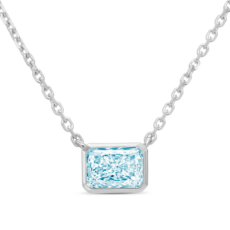 Lab-Grown Blue Radiant Cut Diamond Bezel Pendant, 14K Gold