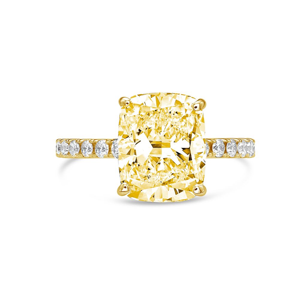 Lab-Grown Cushion Cut Yellow Diamond Pavé Engagement Ring, 14K Gold