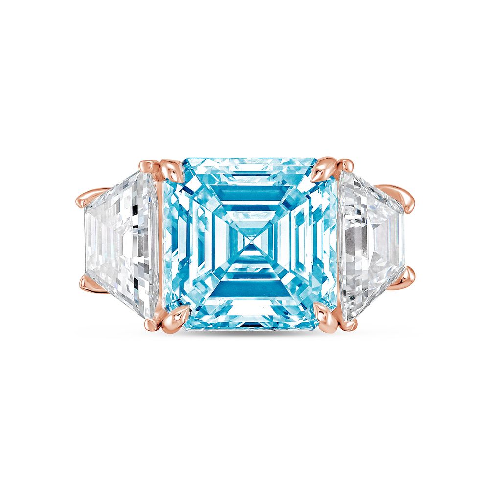 Lab-Grown Blue Asscher Diamond Ring with Trapezoids, 14K Gold