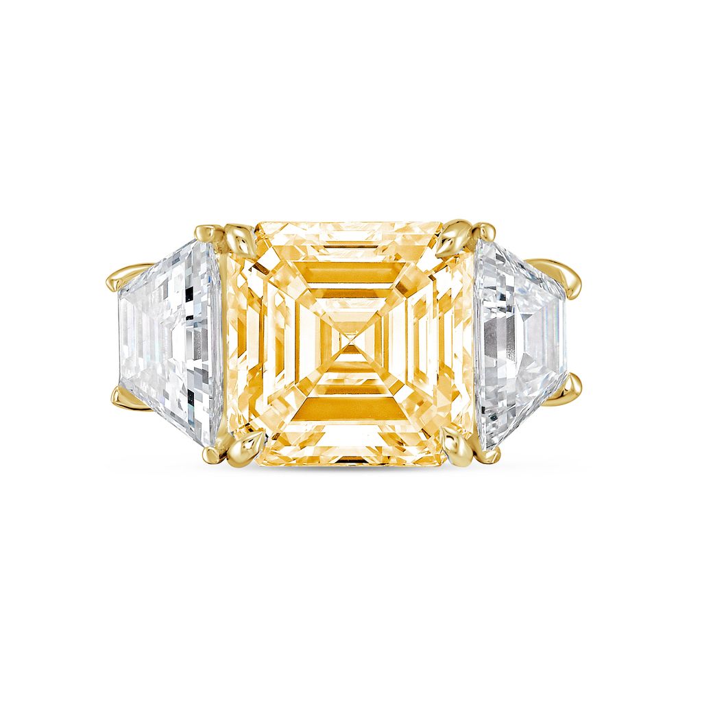Lab-Grown Yellow Asscher Diamond Ring with Trapezoids, 14K Gold