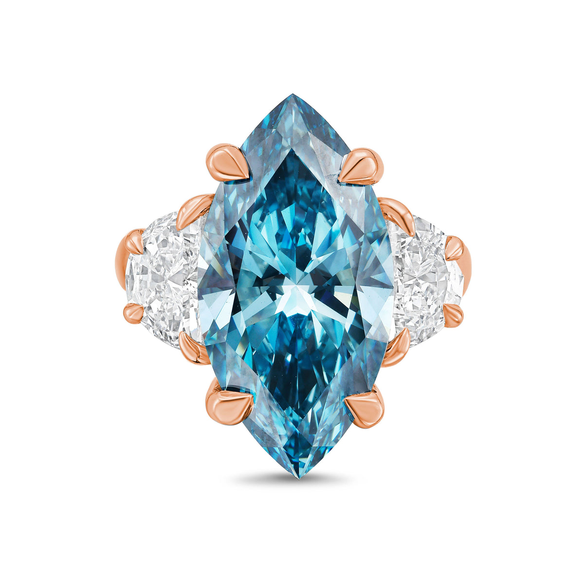 Lab Grown Blue Marquise Cut Diamond with Two Half Moons on Sides Engagement Ring, 14K Gold