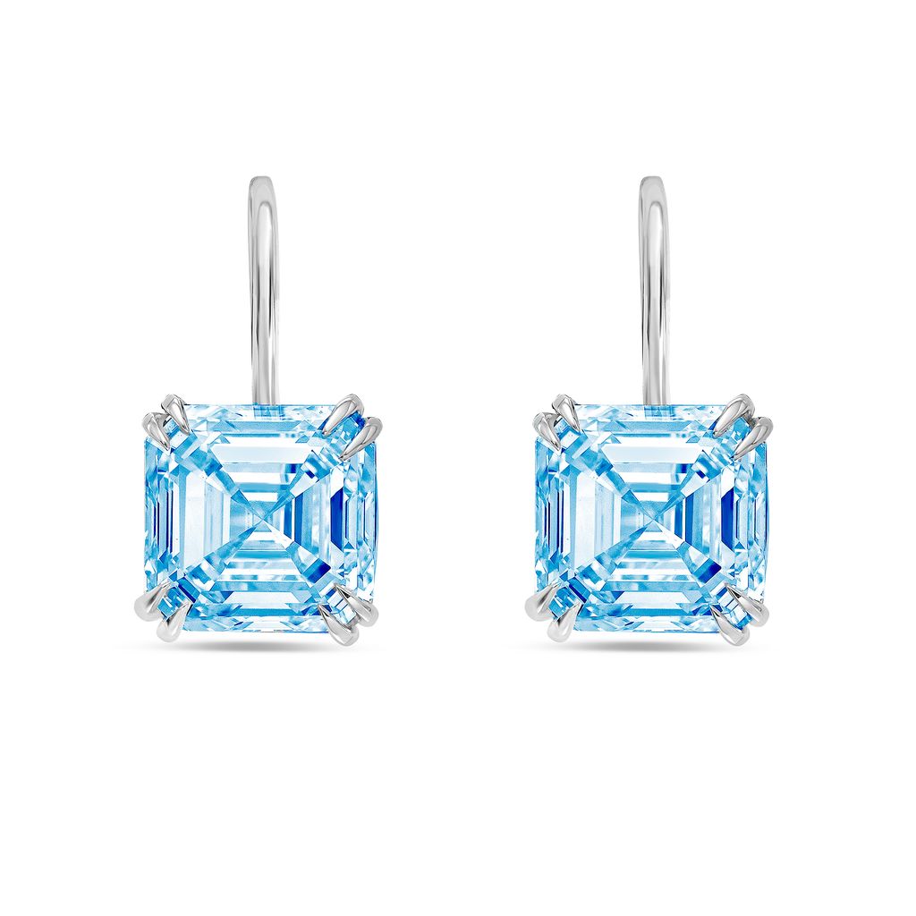 Lab-Grown Asscher Cut Blue Diamond Drop Earrings, 14K Gold
