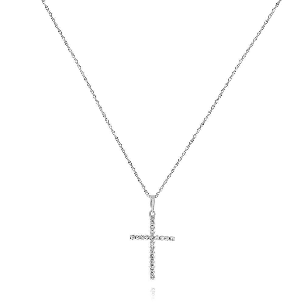 Petite diamond cross pendant in 14k white gold with 0.10ct round pavé diamonds, 0.50-inch length