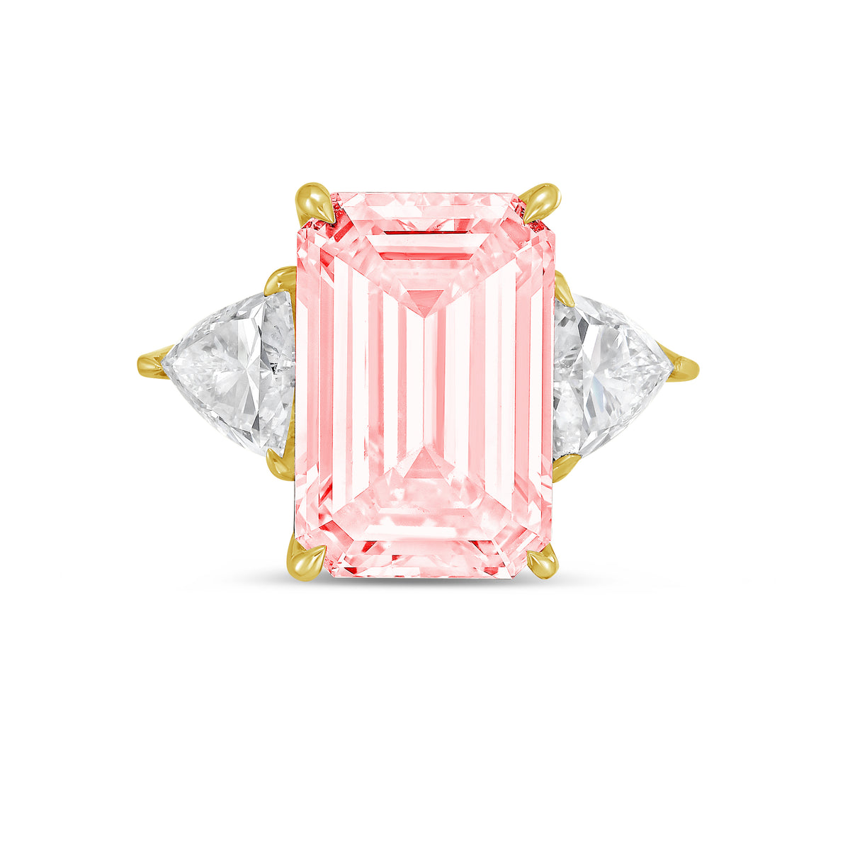 Lab-Grown Pink Emerald Diamond Ring With Trillions, 14K Gold