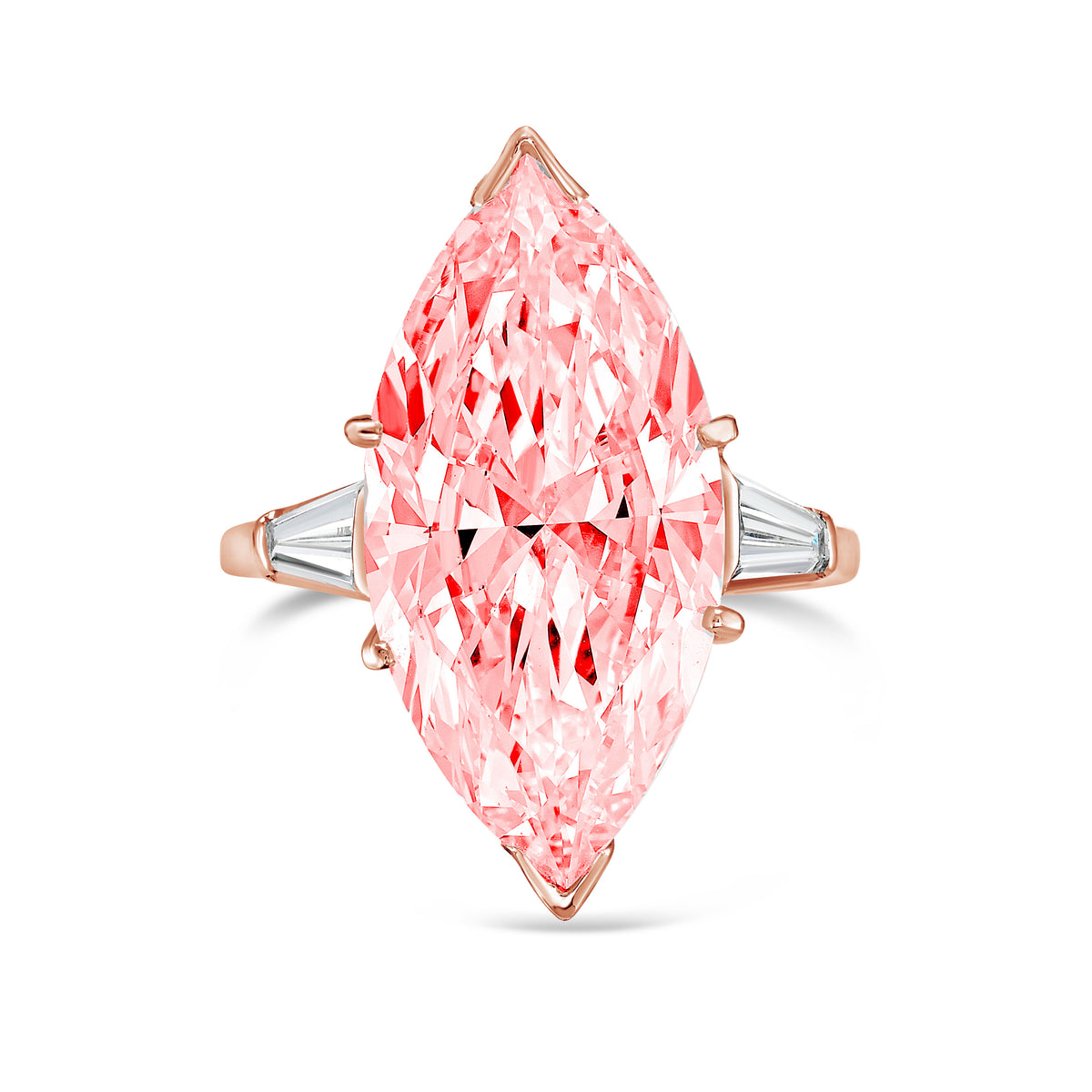 Lab-Grown Pink Marquise Diamond Ring with Baguettes, 14k Gold