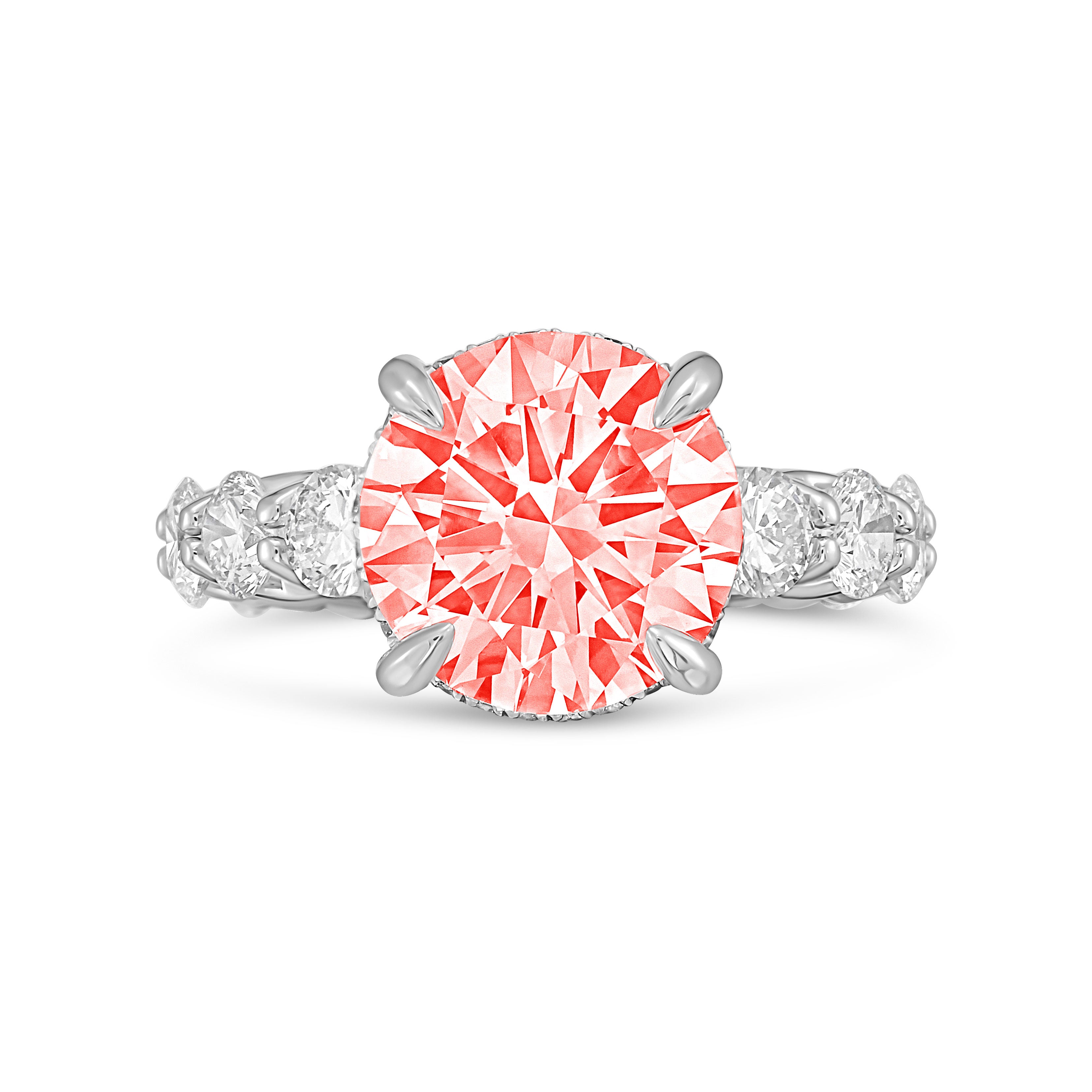 Lab-Grown Pink Round Diamond Hidden Halo Ring with Pavé Band, 14K Gold