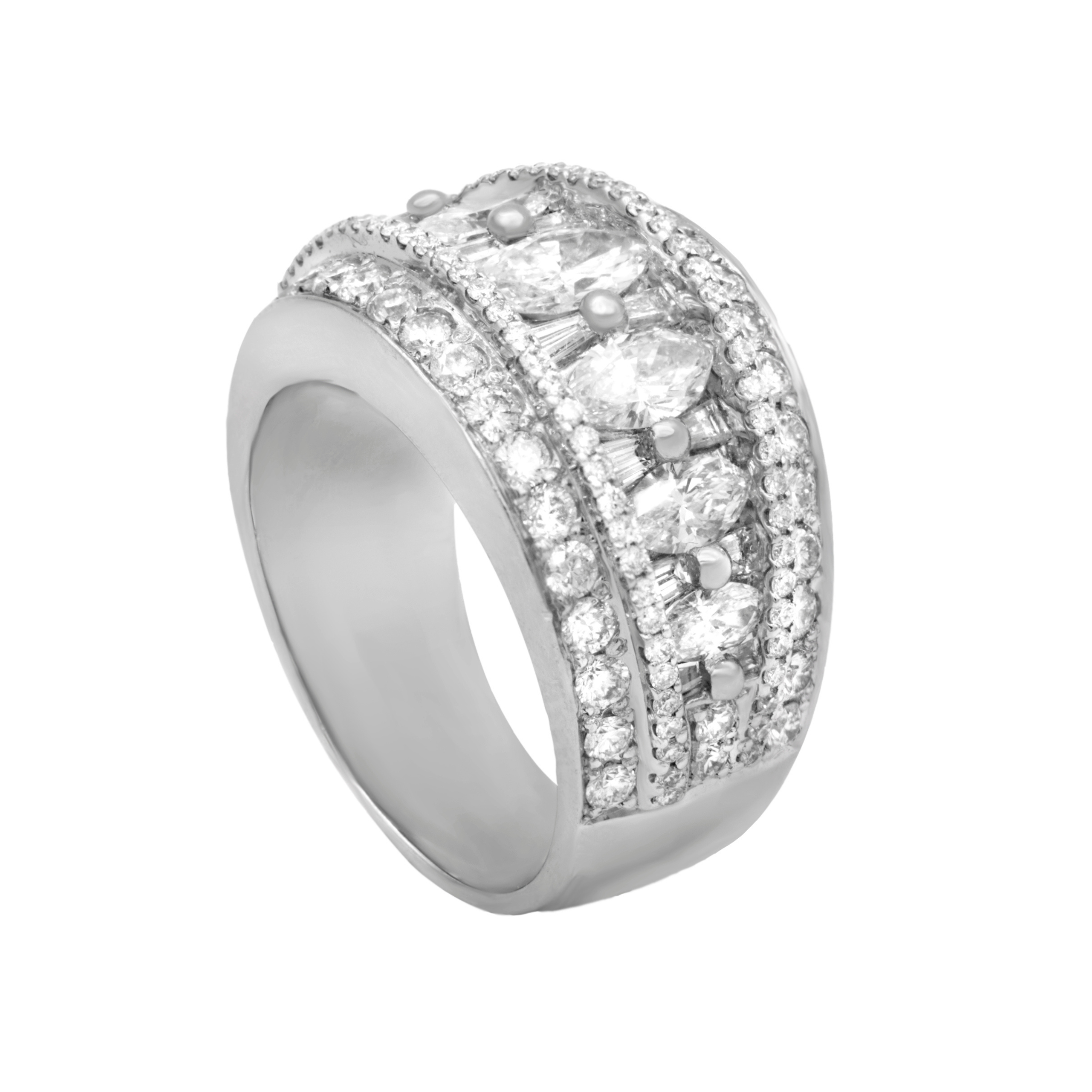 platinum multi-shape diamond band with marquise, baguette, and round diamonds