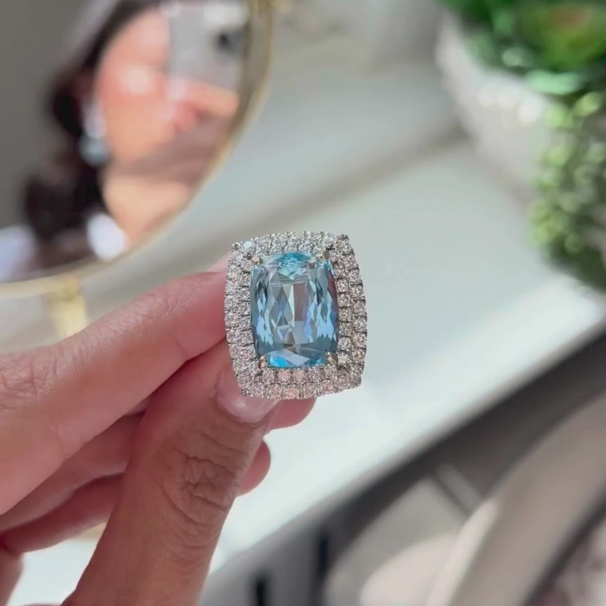 Aquamarine Diamond Halo Ring 