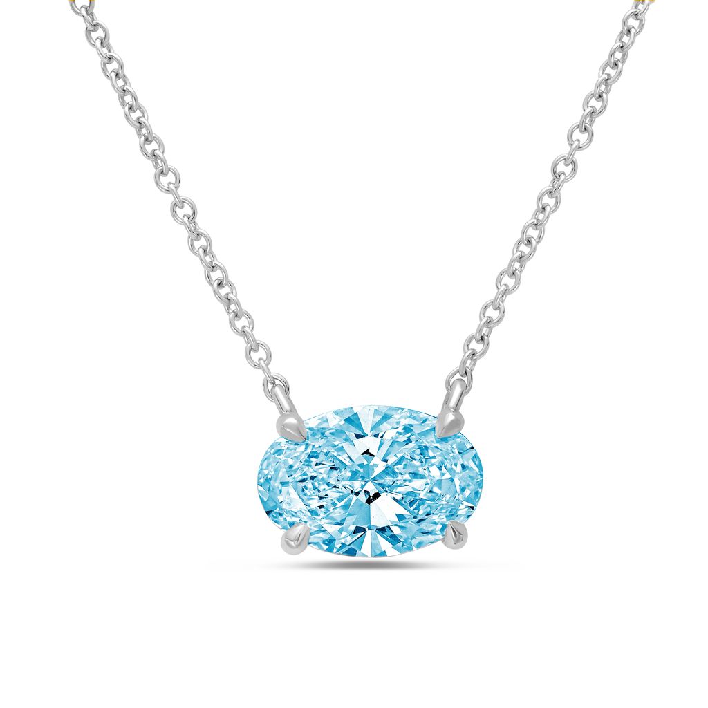 Lab-Grown Blue Oval Diamond Solitaire Pendant, 14k Gold
