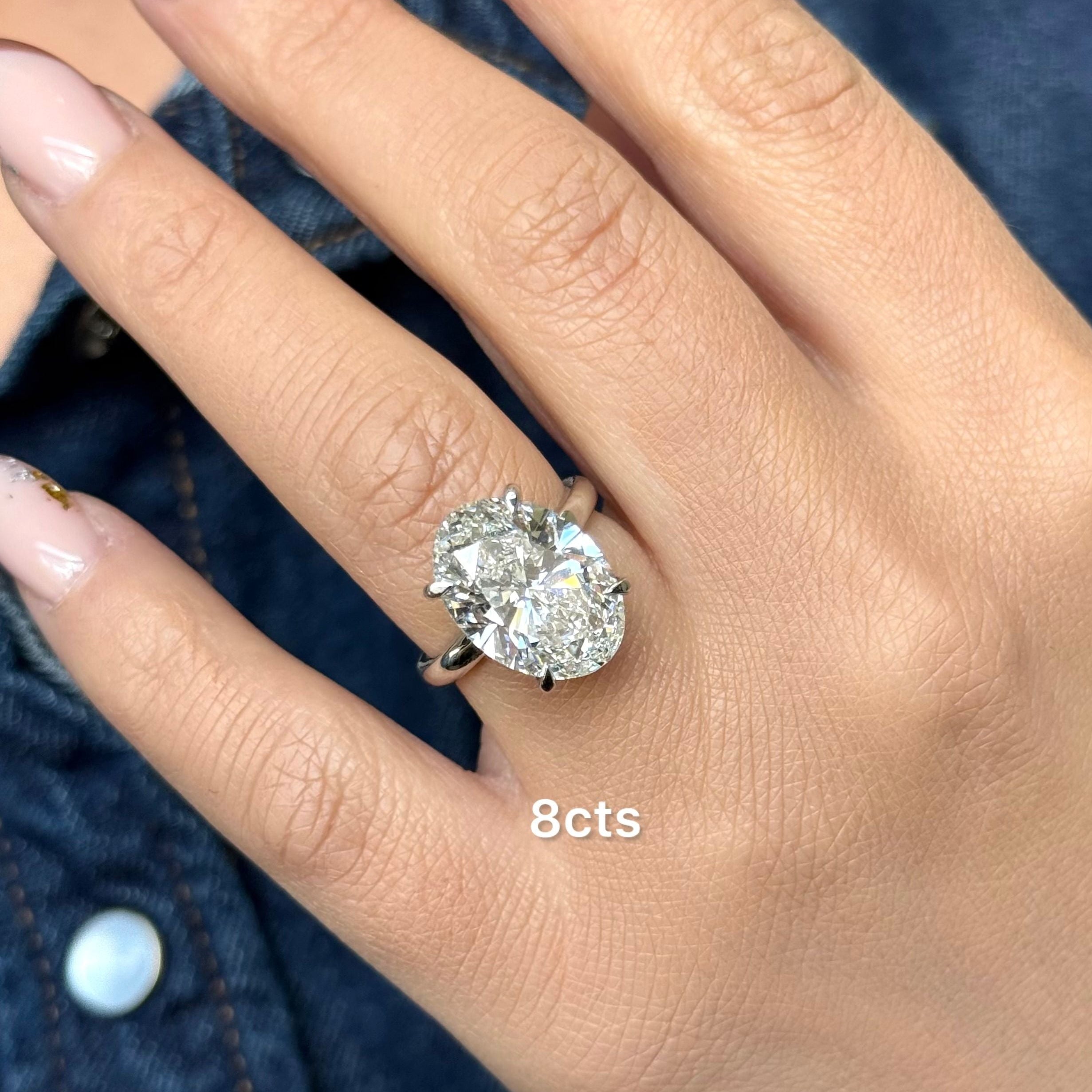 Hand wearing a diamond ring with '8cts' text on a denim background