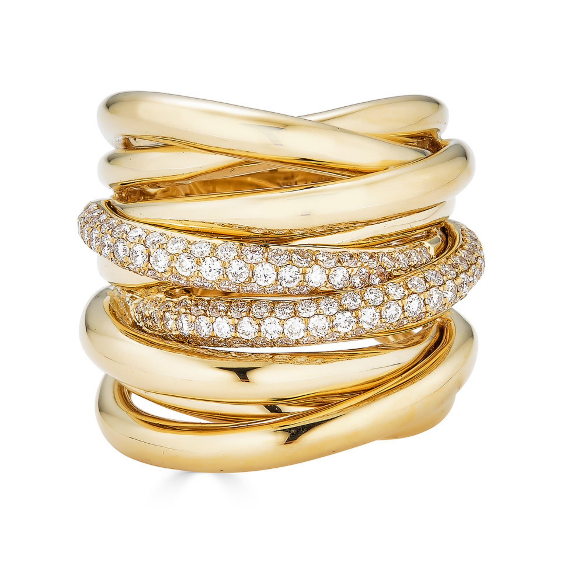 Gold ring with diamond accents on a white background