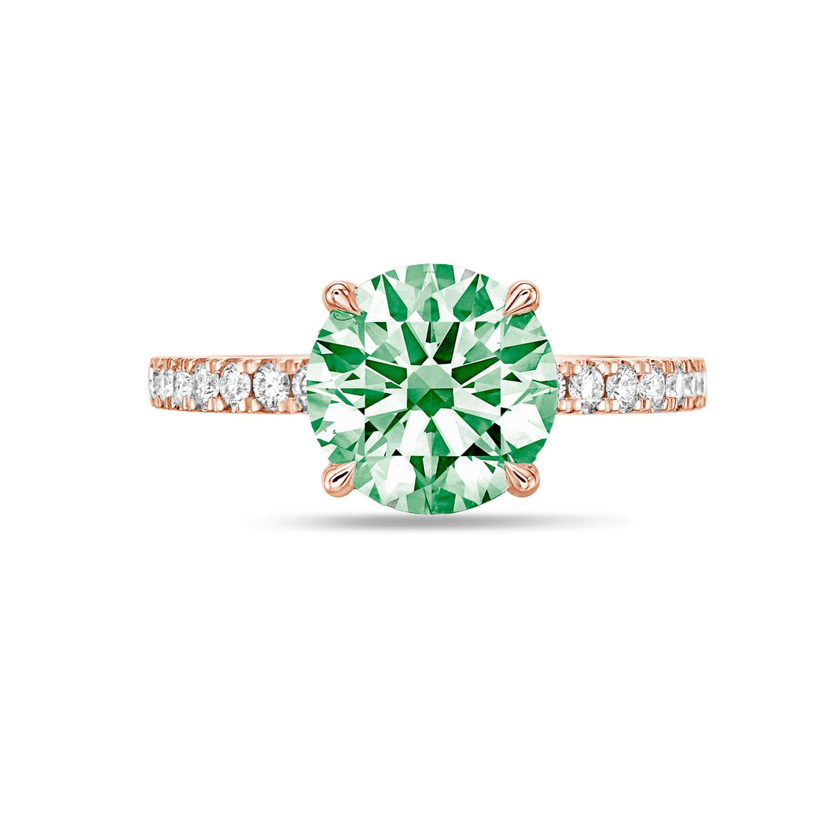 Lab-Grown Green Round Diamond Pavé Band Engagement Ring, 14K Gold