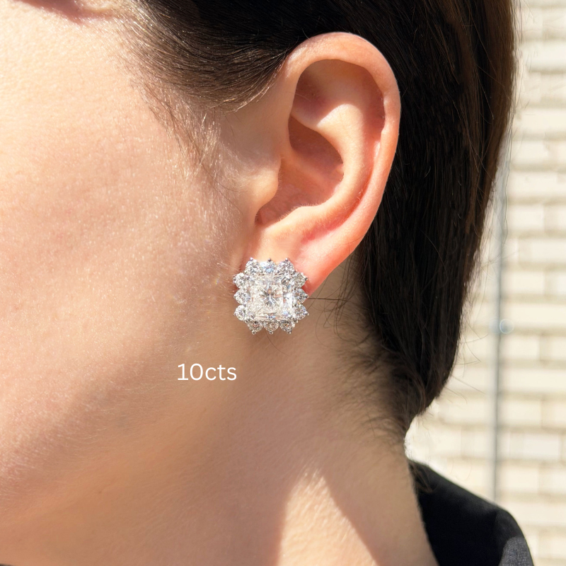 10cts Lab-grown radiant cut diamond sunburst halo earrings worn on ear, showing scale