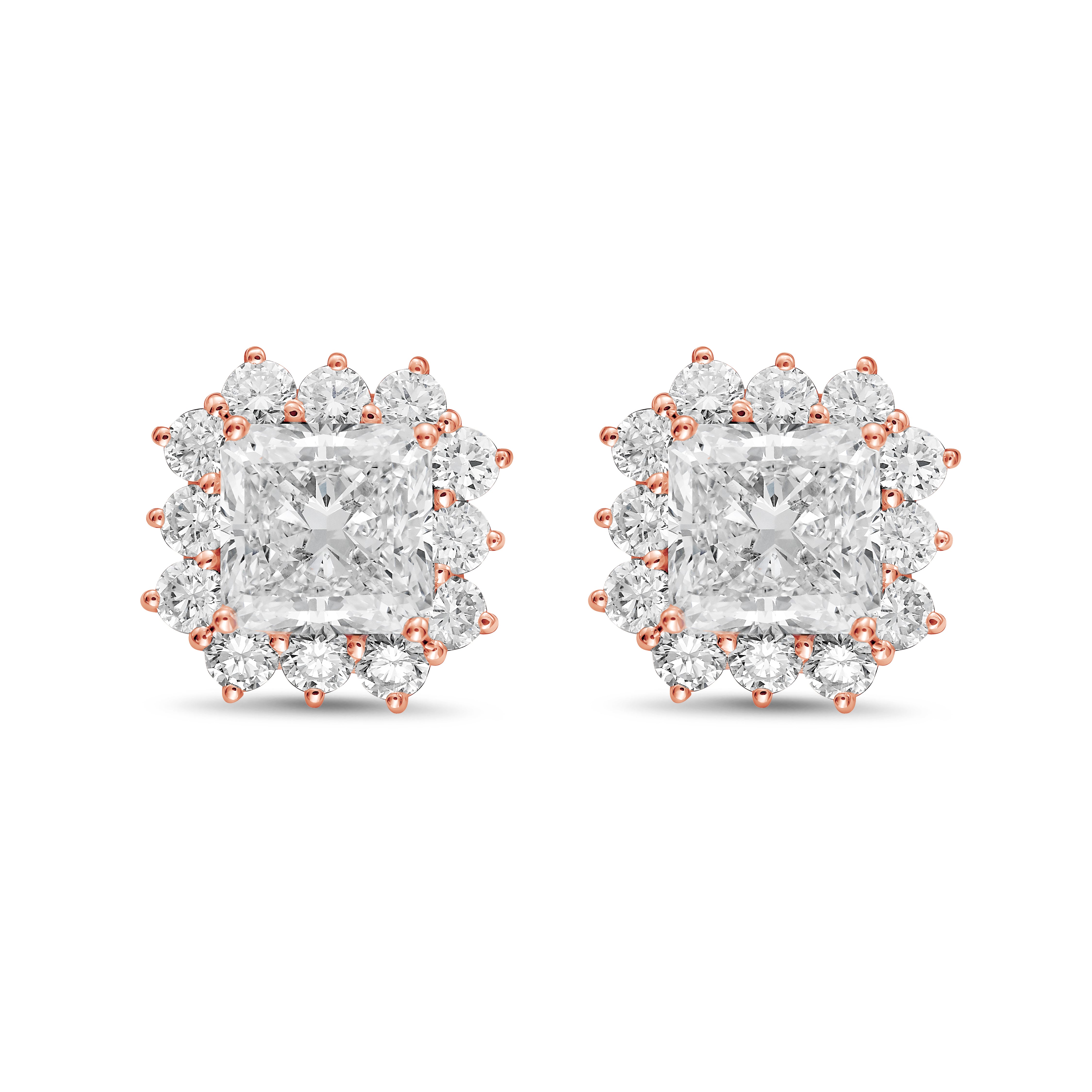 ab-grown radiant cut diamond sunburst halo earrings shown in 14k rose gold