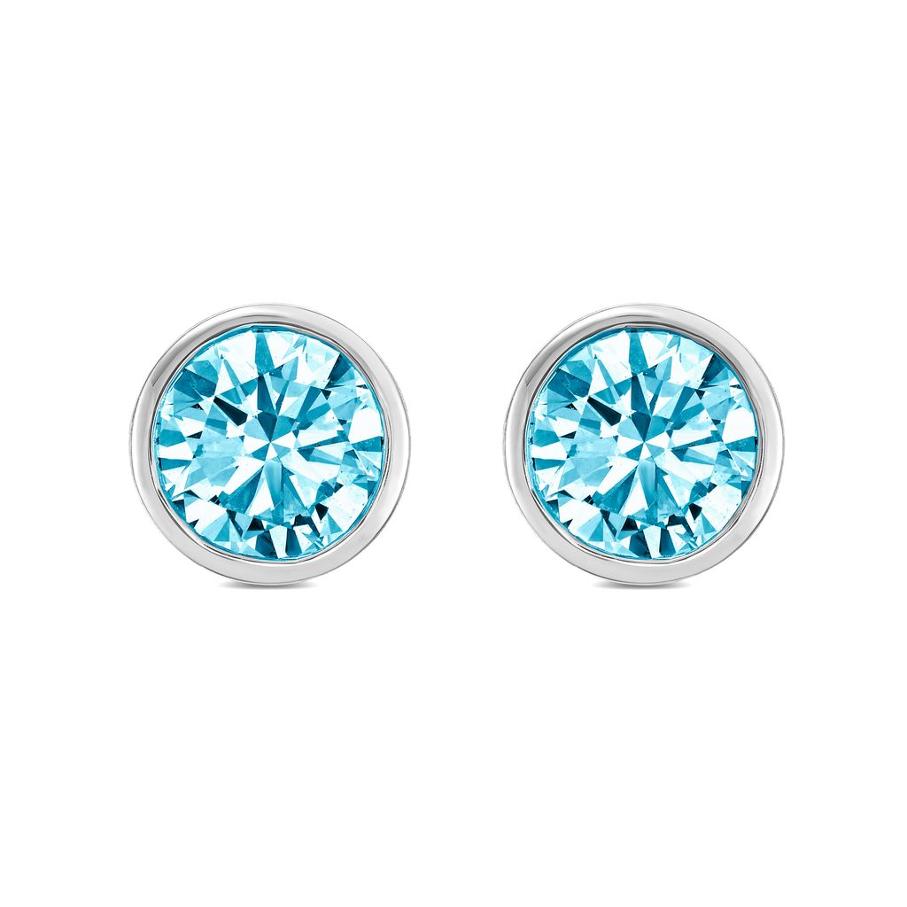 Lab-Grown Bezel Round Blue Diamond Studs, 14K Gold