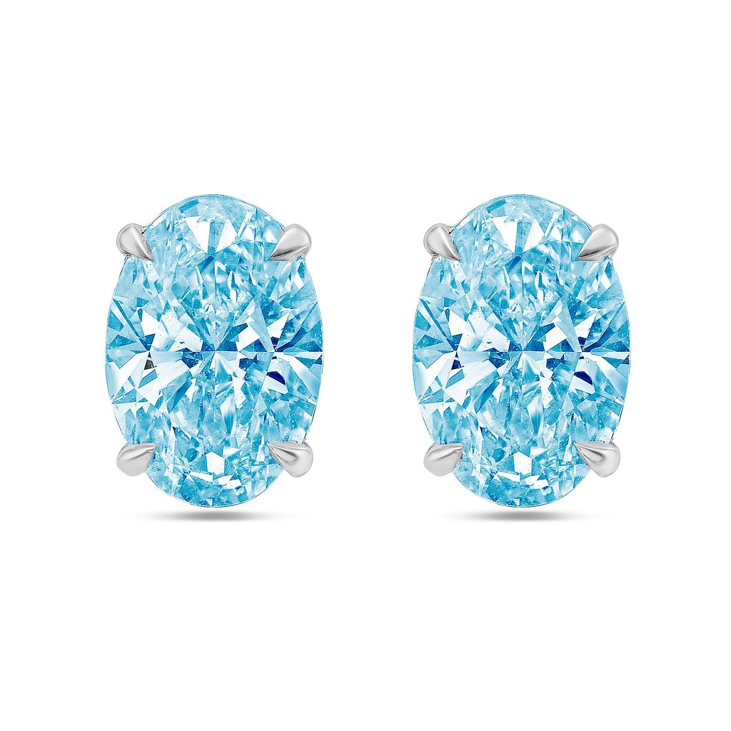 Lab-Grown Blue Oval Diamond Stud Earrings, 4-Prong, 14K Gold