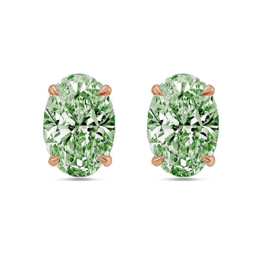 Lab-Grown Green Oval Diamond Stud Earrings, 4-Prong, 14K Gold