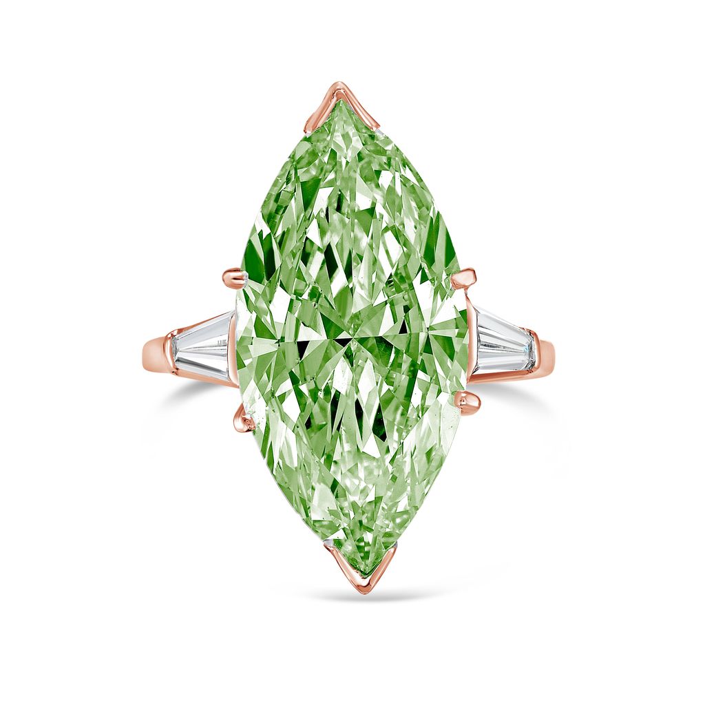 Lab-Grown Green Marquise Diamond Ring with Baguettes, 14k Gold
