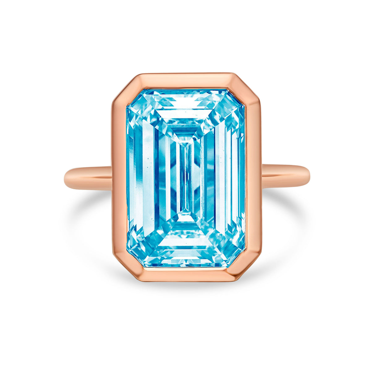 Lab-Grown Blue Emerald Cut Diamond Bezel Solitaire Ring, 14k Gold