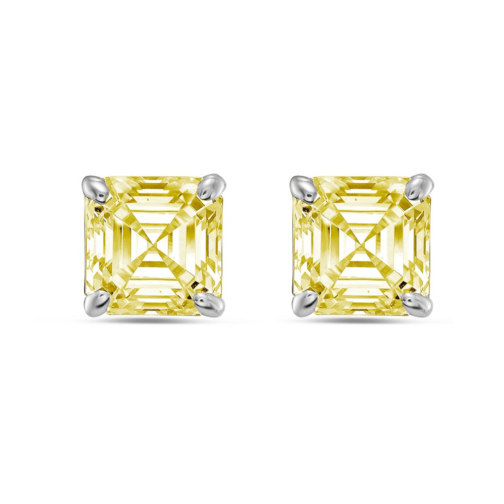 Lab-Grown Yellow Asscher Diamond Stud Earrings, 4-Prong, 14K Gold