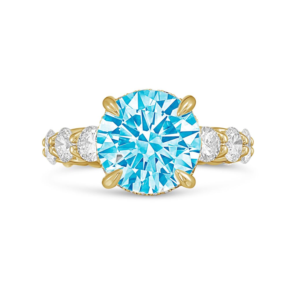 Lab-Grown Blue Round Diamond Hidden Halo Ring with Pavé Band, 14K Gold