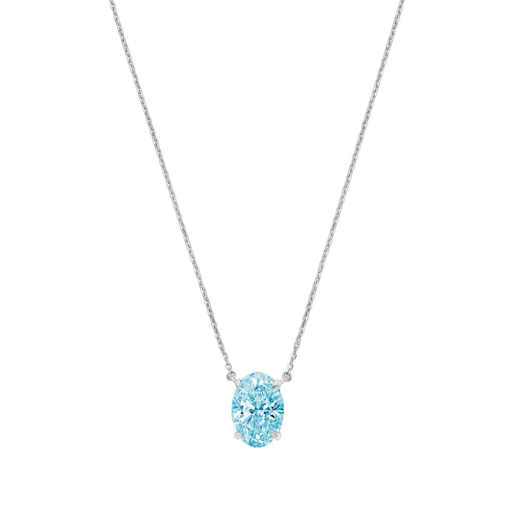 Lab-Grown Blue Oval Diamond Solitaire Pendant Necklace, 4-Prong, 14K Gold