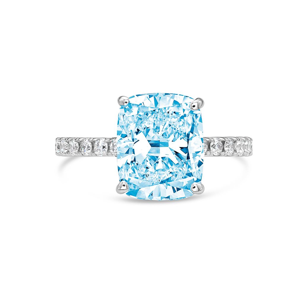 Lab-Grown Cushion Cut Blue Diamond Pavé Engagement Ring, 14K Gold