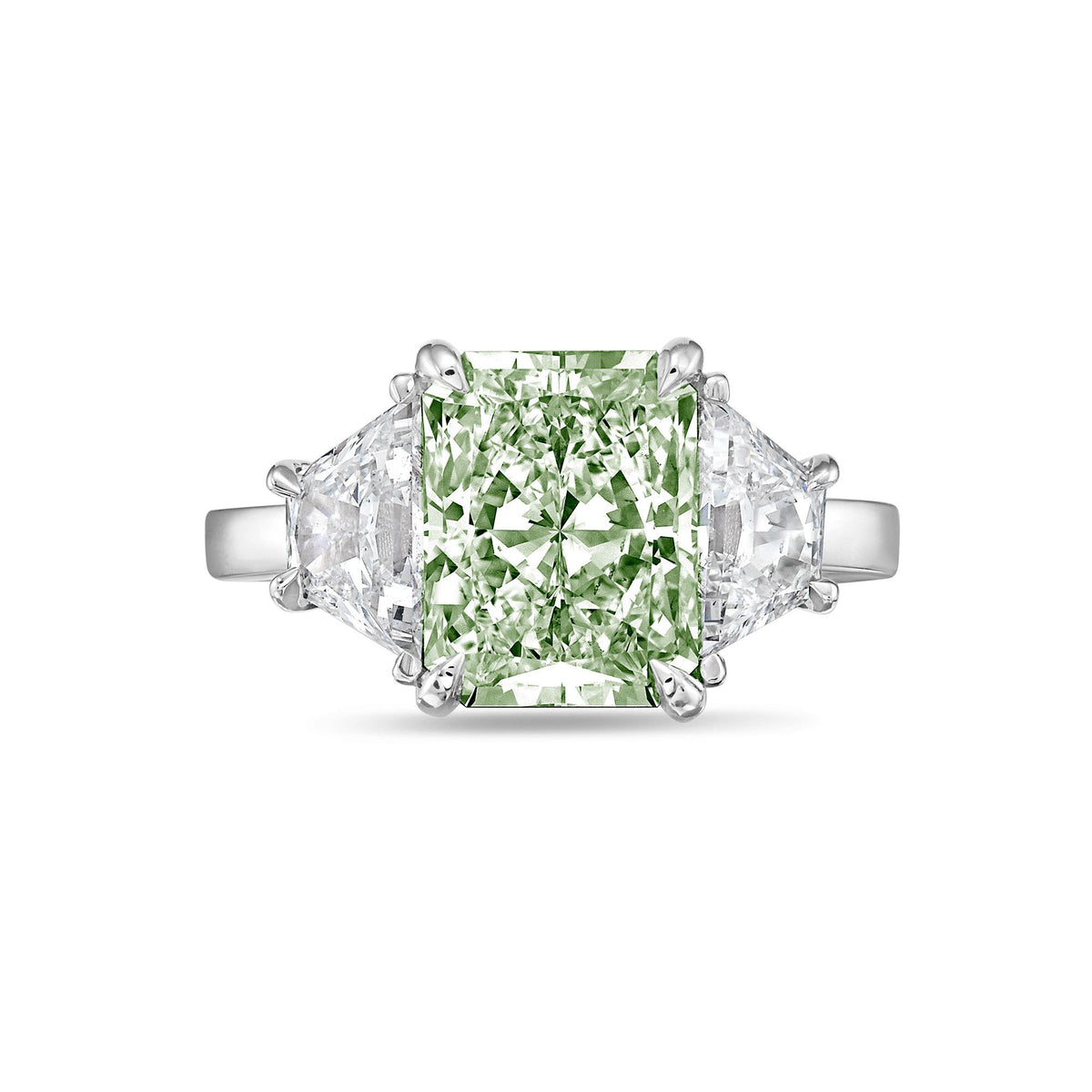Lab-Grown Green Radiant Three-Stone Engagement Ring with Trapezoids, 14K Gold