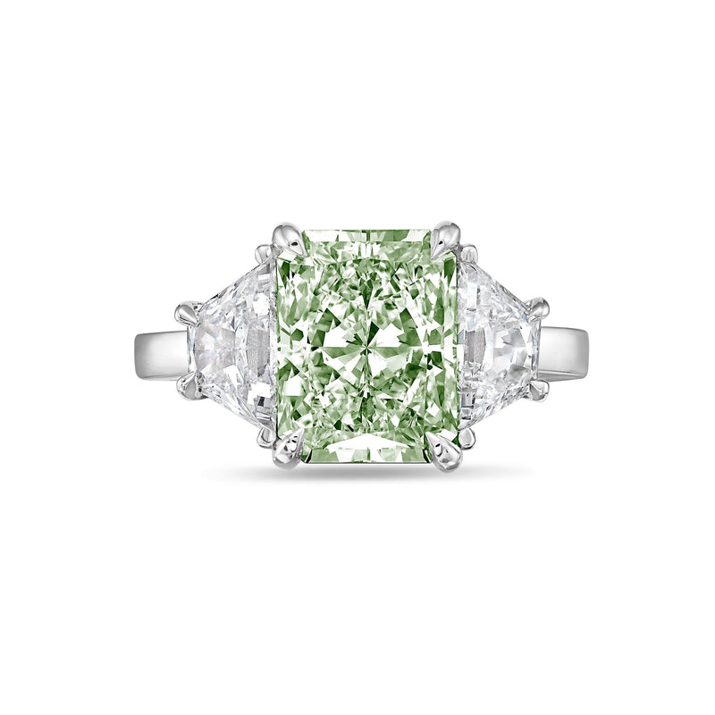 Lab-Grown Green Radiant Three-Stone Engagement Ring with Trapezoids, 14K Gold