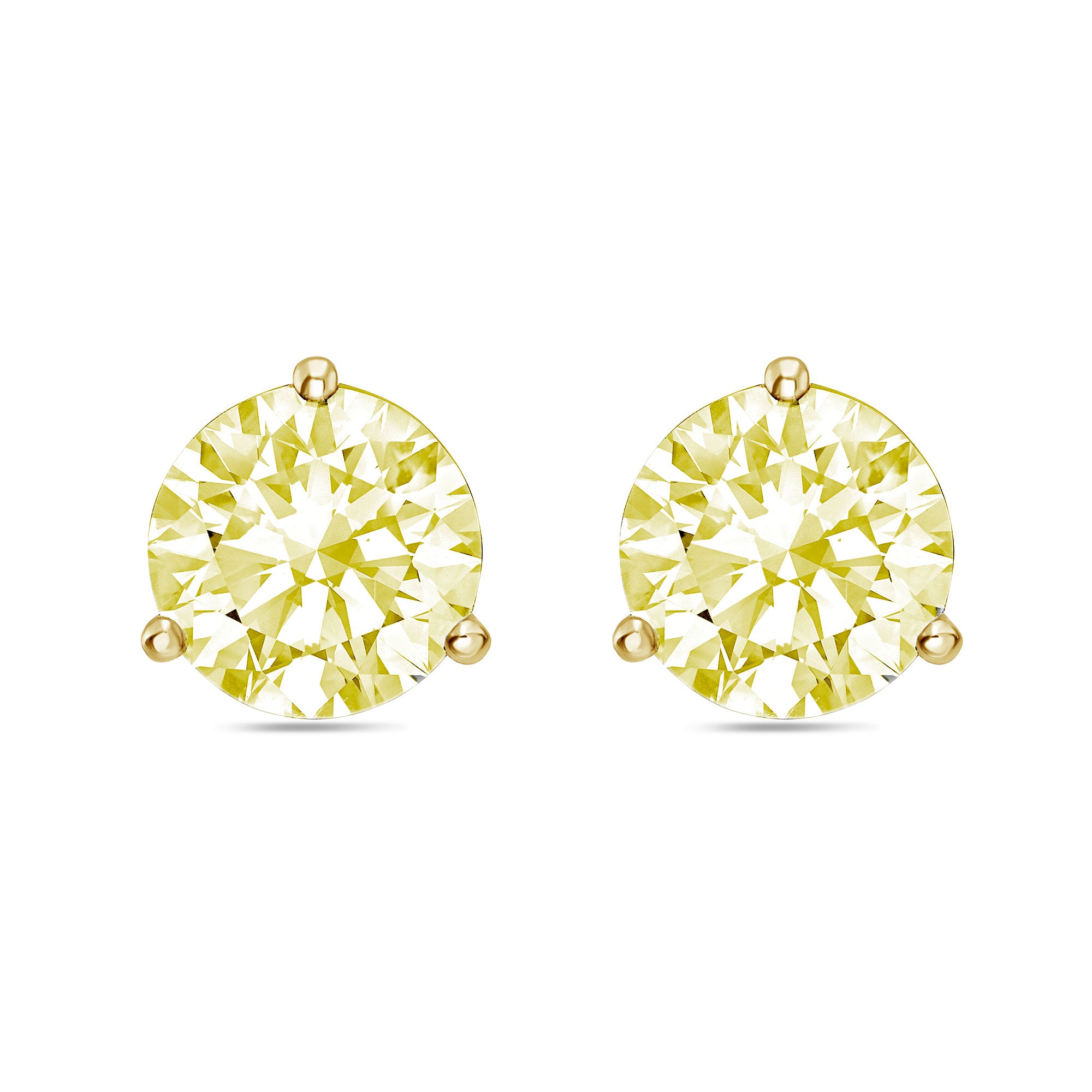 Lab-Grown Yellow Round Diamond Stud Earrings, 3-Prong, 14K Gold