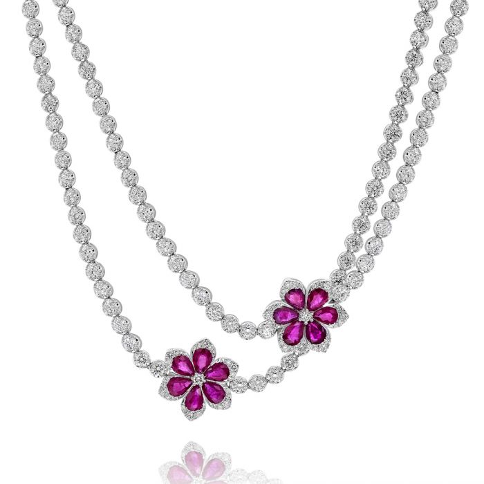 Double Ruby Diamond Flower Necklace