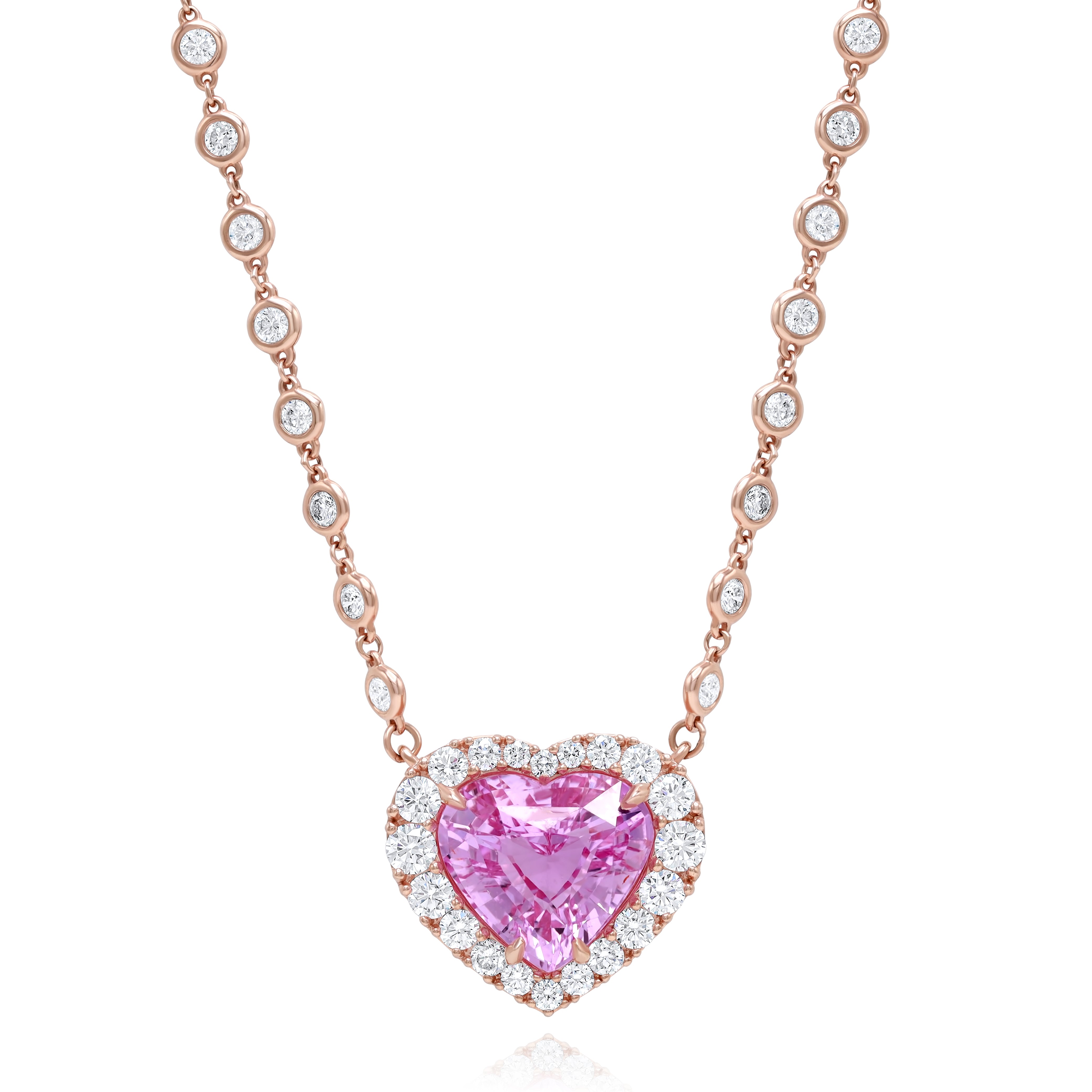 18K rose gold pink sapphire diamond halo heart necklace, 10.11ct unheated sapphire, 5.40ct diamonds